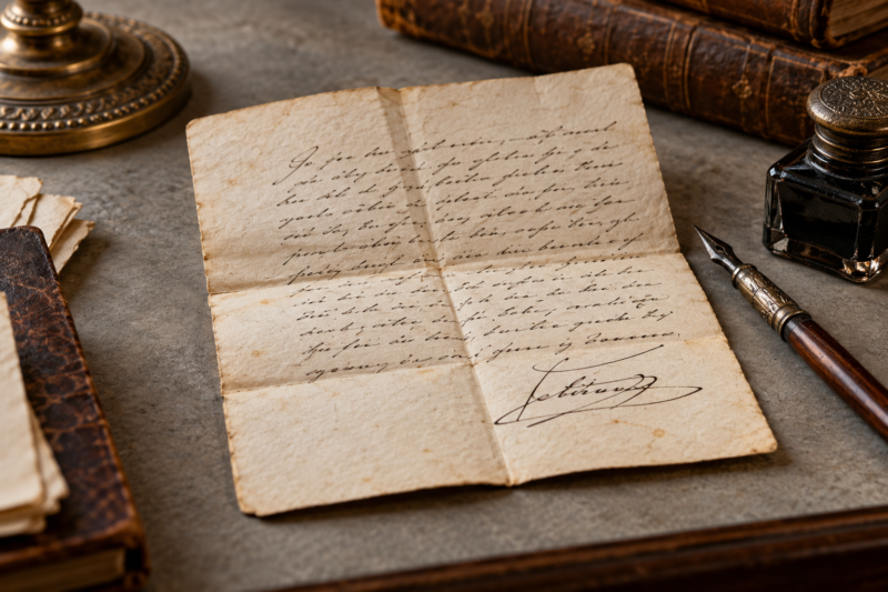 Carta manuscrita antigua firmada junto a pluma y tintero
