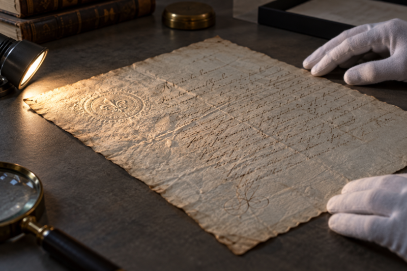 Examen de un documento histórico con luz rasante
