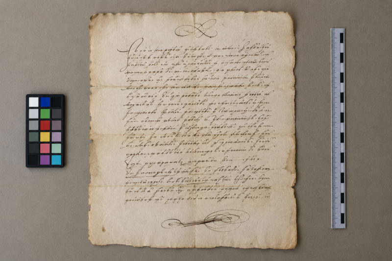 Documento histórico fotografiado con regla y carta de color para su examen