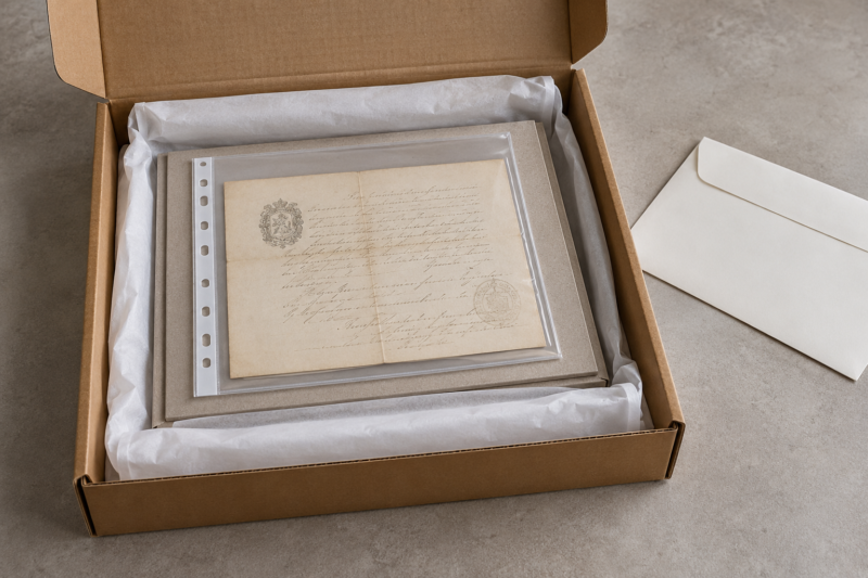 Documento histórico embalado para su envío asegurado