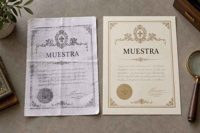 Comparación entre un certificado de autenticidad falso fotocopiado y uno fiable
