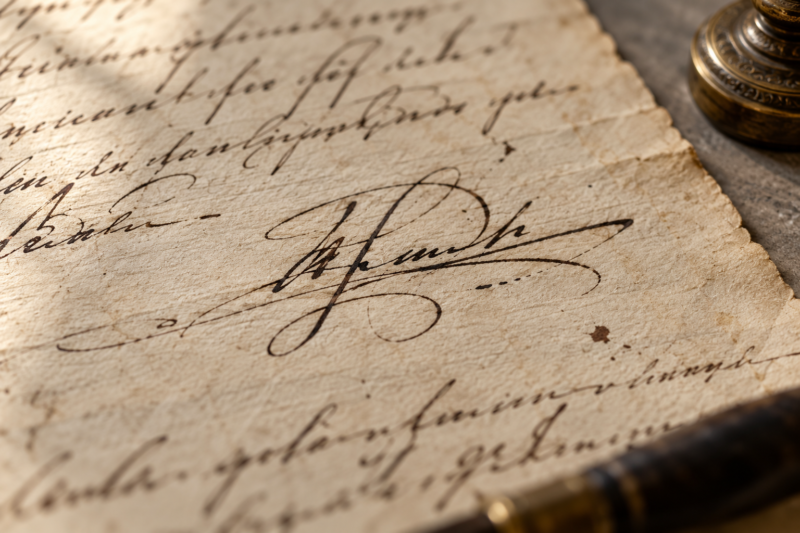 Detalle de una firma manuscrita a tinta en un documento antiguo