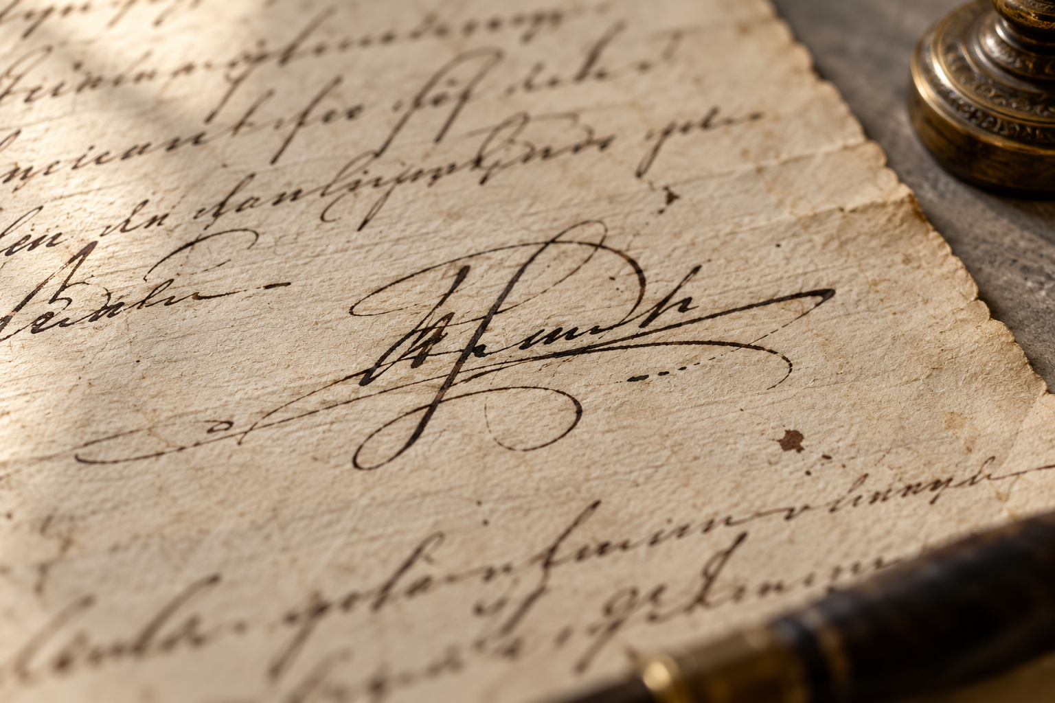 Detalle de una firma manuscrita a tinta en un documento antiguo