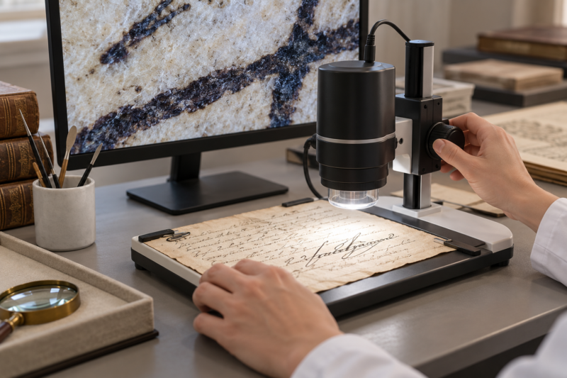 Examen de una firma antigua con microscopio digital